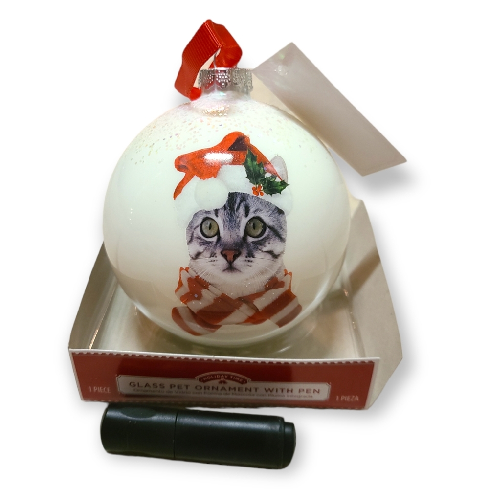 Holiday Time Glass Cat Ornament